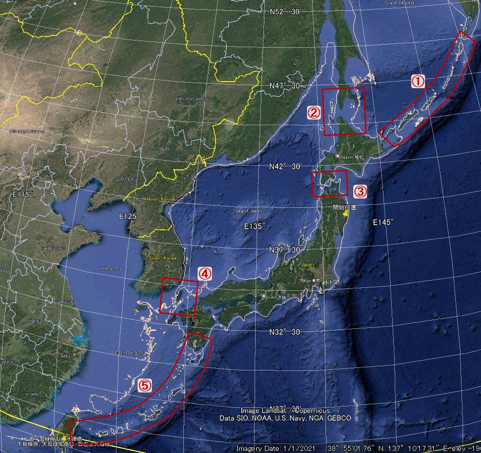 図3-1 : 20000年前の日本全土と周辺の地図 海抜が現在より120m低かった場合